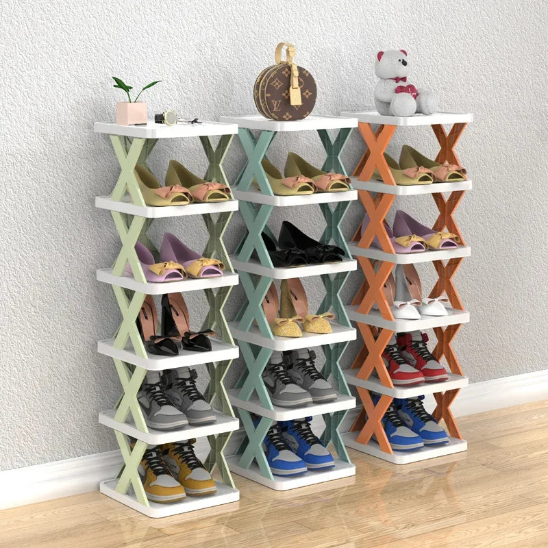 X-Shaped shoe rack by My Store, showing a modern metal design with multiple tiers for organizing footwear.