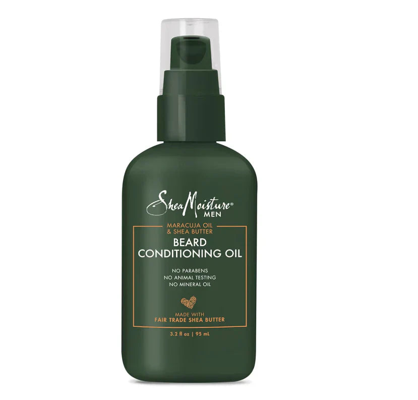 SheaMoisture Men Maracuja Oil & Shea Butter Beard Conditioning Oil bottle, natural ingredients for beard care and softness