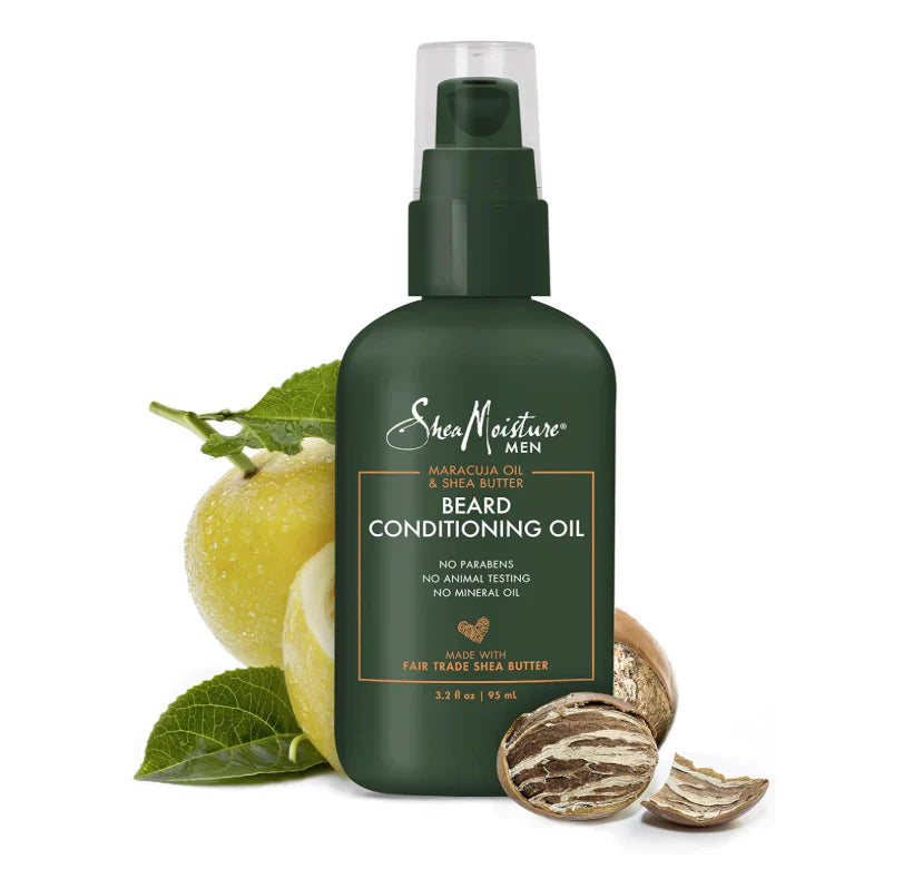 SheaMoisture Men Maracuja Oil & Shea Butter Beard Conditioning Oil bottle, natural ingredients for soft, healthy beards