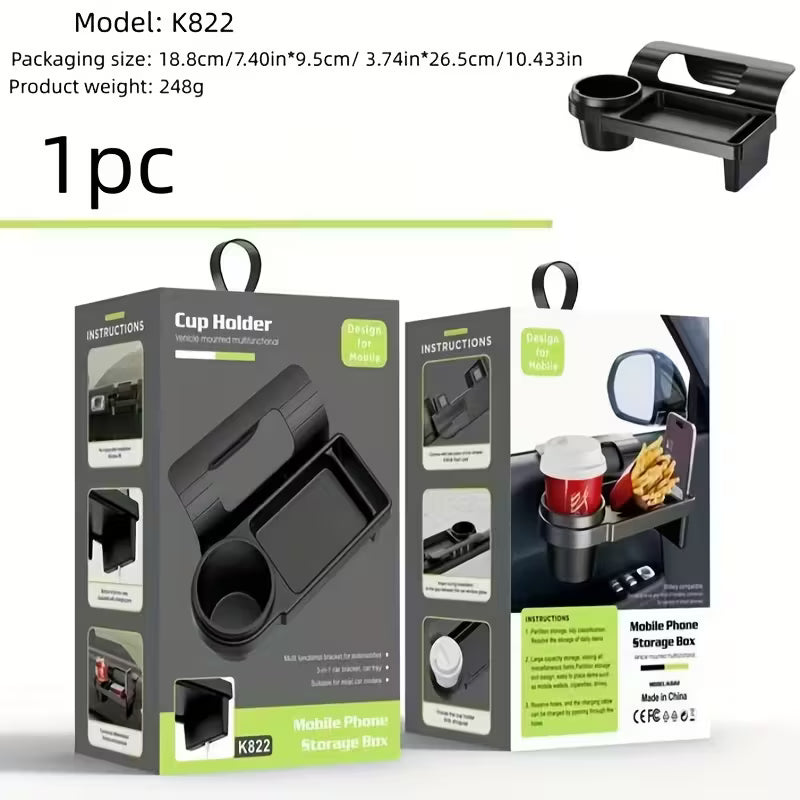 Car armrest with built-in mobile phone and cup holder, designed for convenient driver access and in-car organization.