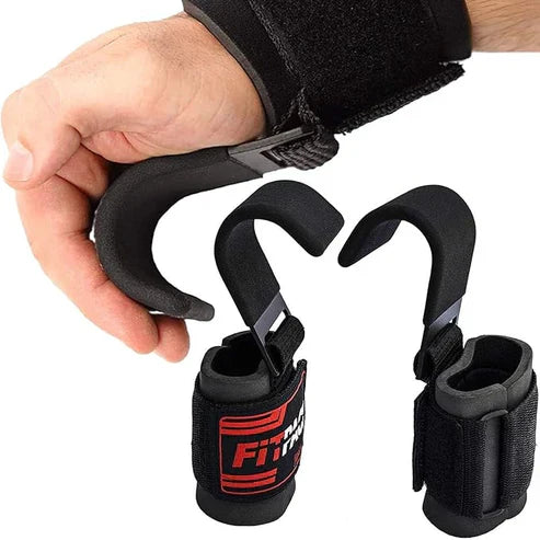 LORDEX fitness lifting hook straps used for weightlifting and strength training, showing black straps with padded grips.
