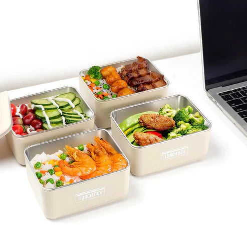 Insulated lunch box set with carry bag, featuring multiple containers and a convenient carrying handle for meals on the go.