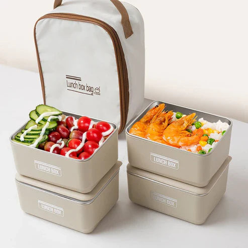 Insulated lunch box set with carry bag from My Store, featuring multiple compartments for carrying meals and snacks.