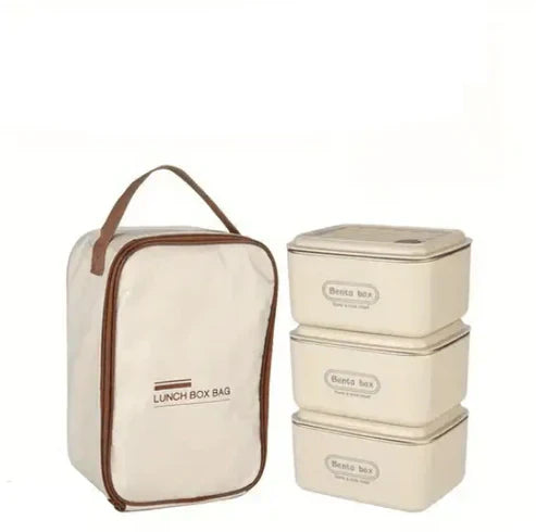 Insulated lunch box set with matching carry bag, featuring multiple compartments for convenient meal storage.