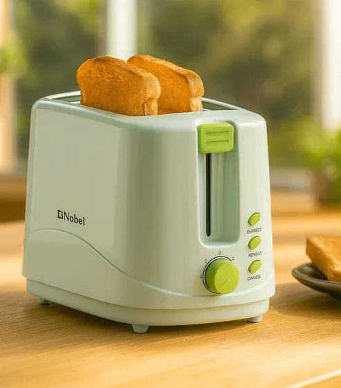 Nobel Toaster Breakfast Made Simple in sleek black with two evenly toasted bread slices ready for breakfast.